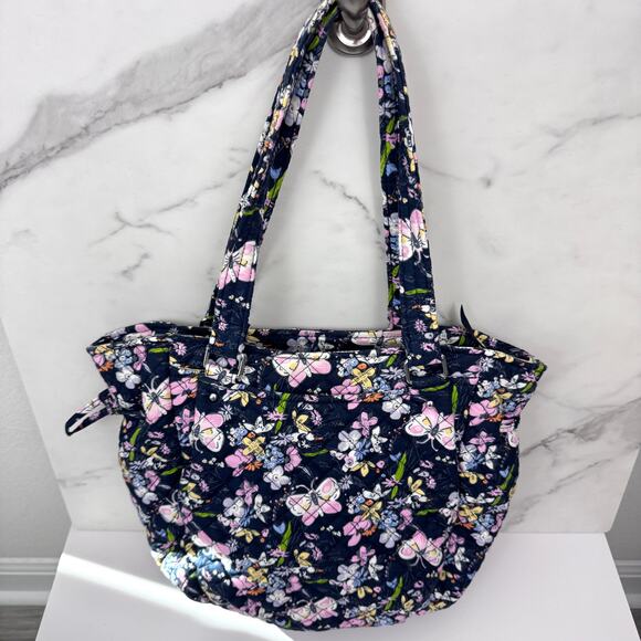 Vera Bradley Womens Bloom Boom Glenna Satchel Handbag Quilted Navy Blue - Picture 2 of 11